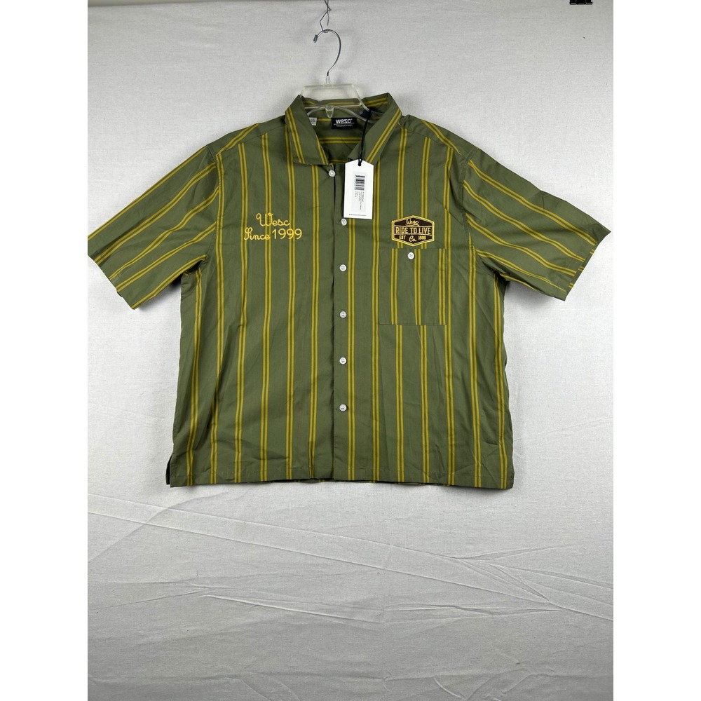 Wesc Mens Cropped Camper‎ Shirt Olivine Green Striped SS P116609T56G Size Large